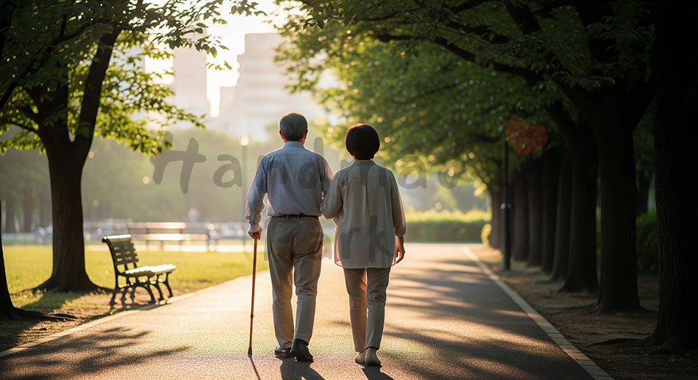 フリー素材 無料 写真｜夕方の公園を杖を持ってゆっくり散歩する日本人シニア夫婦 背景素材