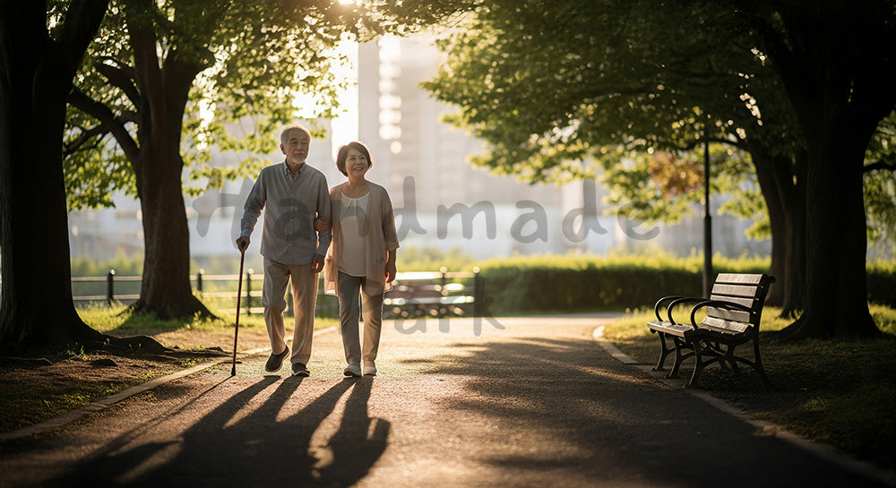 フリー素材 無料 写真｜夕方の公園を杖を持ってゆっくり散歩する日本人シニア夫婦