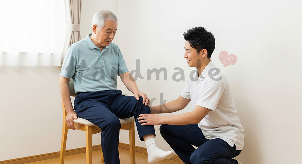 フリー素材 無料 写真｜自宅リビングで理学療法士風スタッフと足のストレッチを行う日本人シニア男性 余白あり