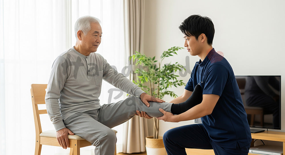 フリー素材 無料 写真｜自宅リビングで理学療法士風スタッフと足のストレッチを行う日本人シニア男性 背景素材