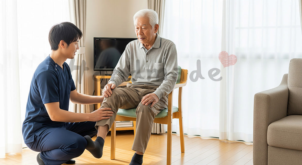 フリー素材 無料 写真｜自宅リビングで理学療法士風スタッフと足のストレッチを行う日本人シニア男性
