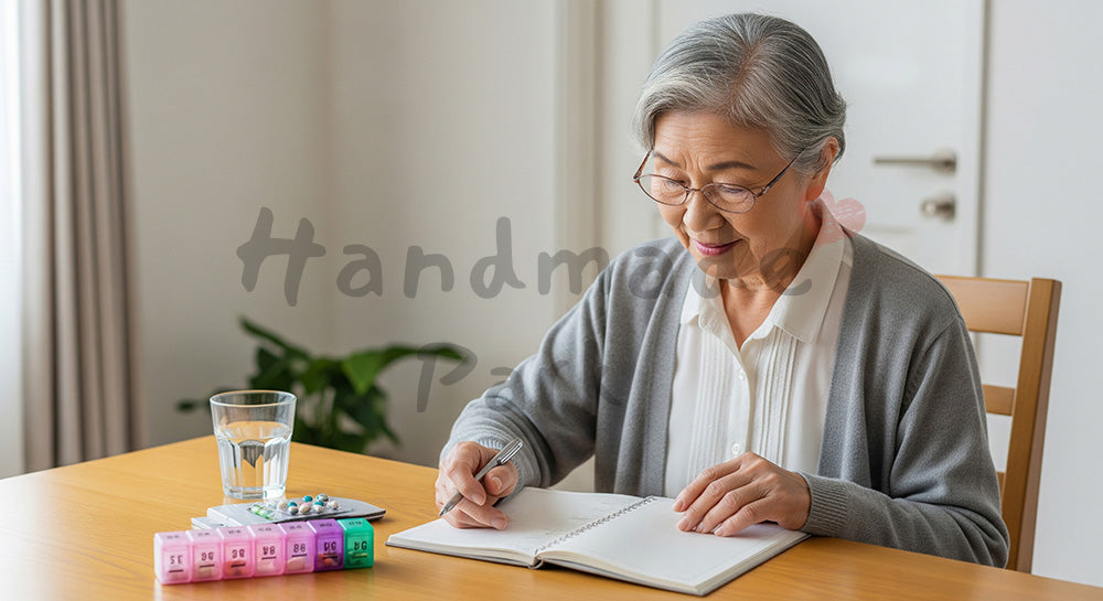 フリー素材 無料 写真｜一週間分のピルケースと薬手帳風ノートで服薬管理をする日本人シニア女性 写真背景