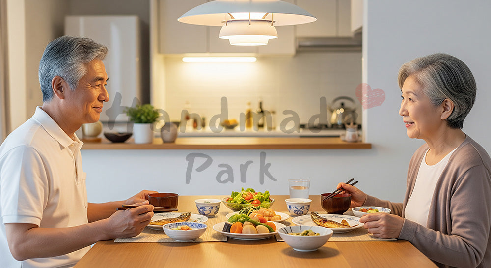 フリー素材 無料 写真|野菜中心のヘルシーな夕食を向かい合って食べる日本人シニア夫婦 背景素材