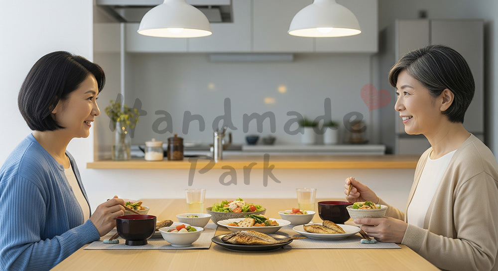 フリー素材 無料 写真|野菜中心のヘルシーな夕食を向かい合って食べる日本人シニア夫婦