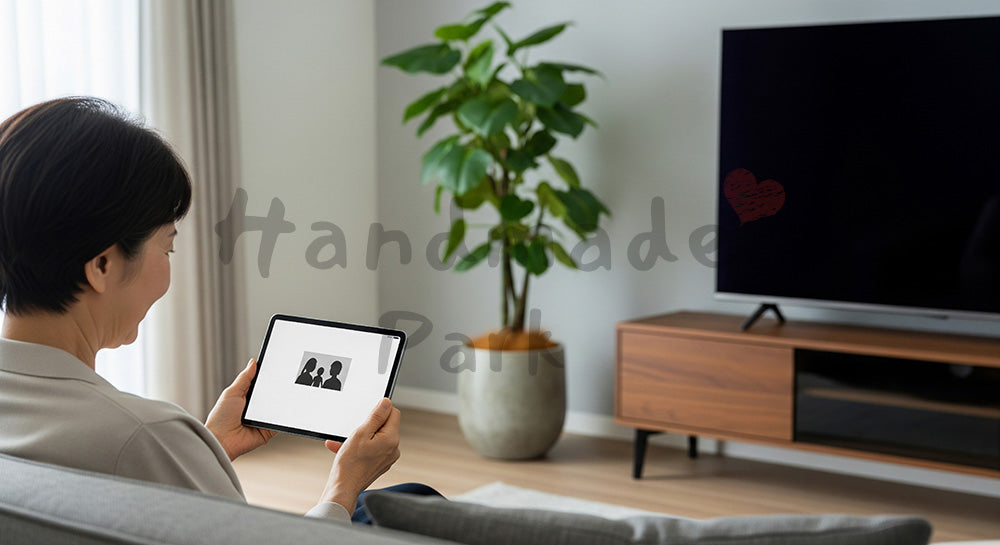 フリー素材 無料 写真｜タブレットで家族とビデオ通話をする日本人シニア女性のリビングシーン 余白あり