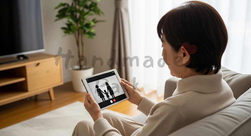 フリー素材 無料 写真｜タブレットで家族とビデオ通話をする日本人シニア女性のリビングシーン 背景素材