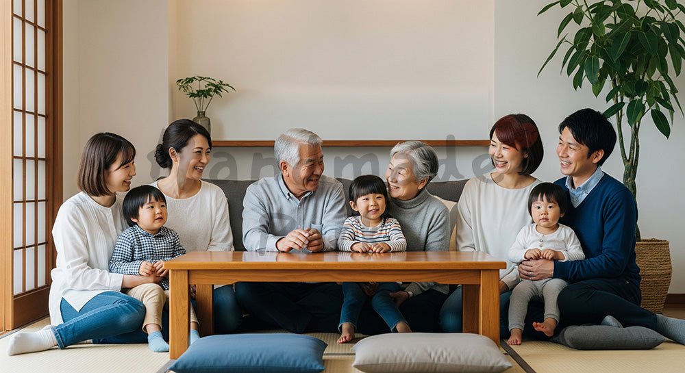 フリー素材 無料 写真｜三世代家族がリビングで集まり笑顔で過ごす日本人シニアと家族の団らん（表現2）