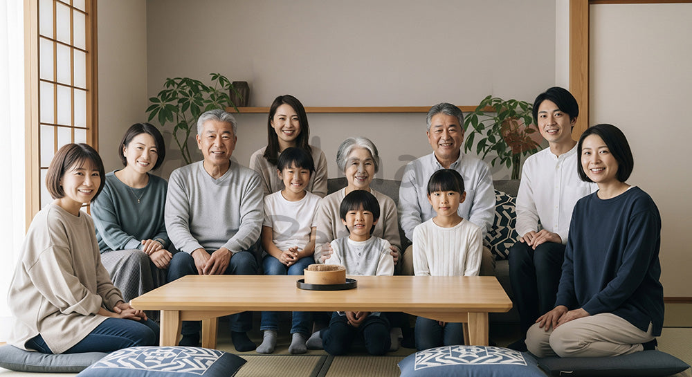 フリー素材 無料 写真｜三世代家族がリビングで集まり笑顔で過ごす日本人シニアと家族の団らん（表現1）