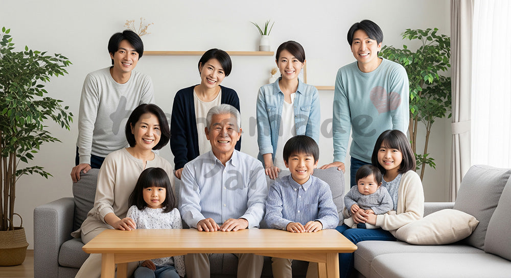 フリー素材 無料 写真｜三世代家族がリビングで集まり笑顔で過ごす日本人シニアと家族の団らん コピースペースあり