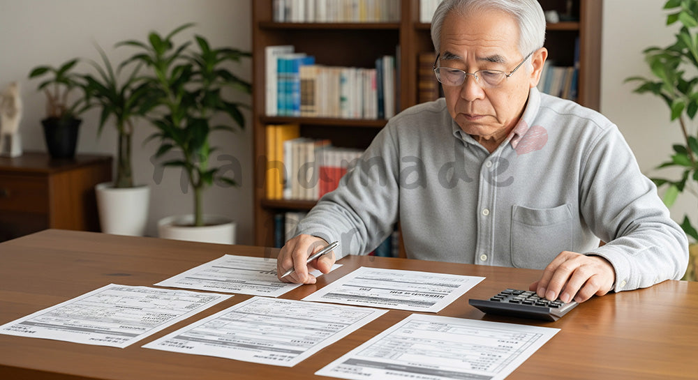 フリー素材 無料 写真|年金や保険資料風の紙と電卓で老後のライフプランを考える日本人シニア男性 写真背景
