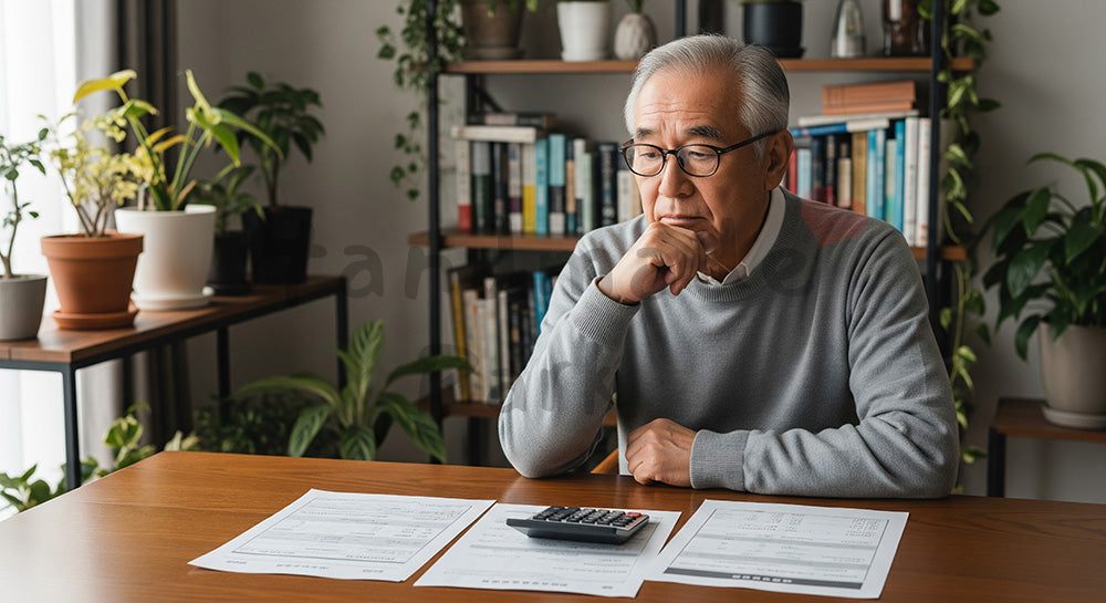 フリー素材 無料 写真|年金や保険資料風の紙と電卓で老後のライフプランを考える日本人シニア男性 背景素材