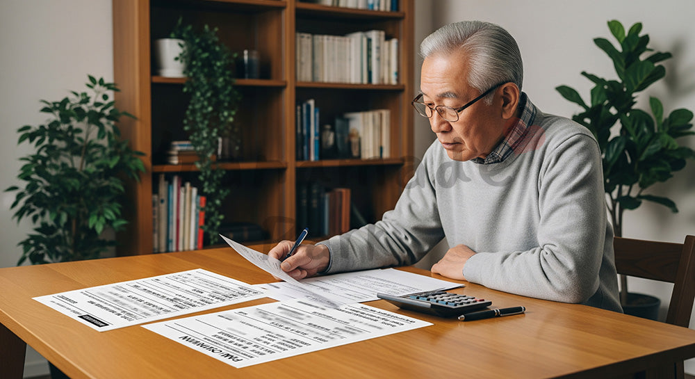 フリー素材 無料 写真|年金や保険資料風の紙と電卓で老後のライフプランを考える日本人シニア男性