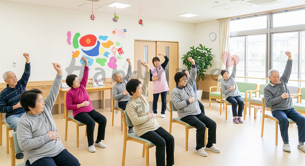 フリー素材 無料 写真｜デイサービス風のスペースで体操をする日本人シニアと介護スタッフ（表現3）