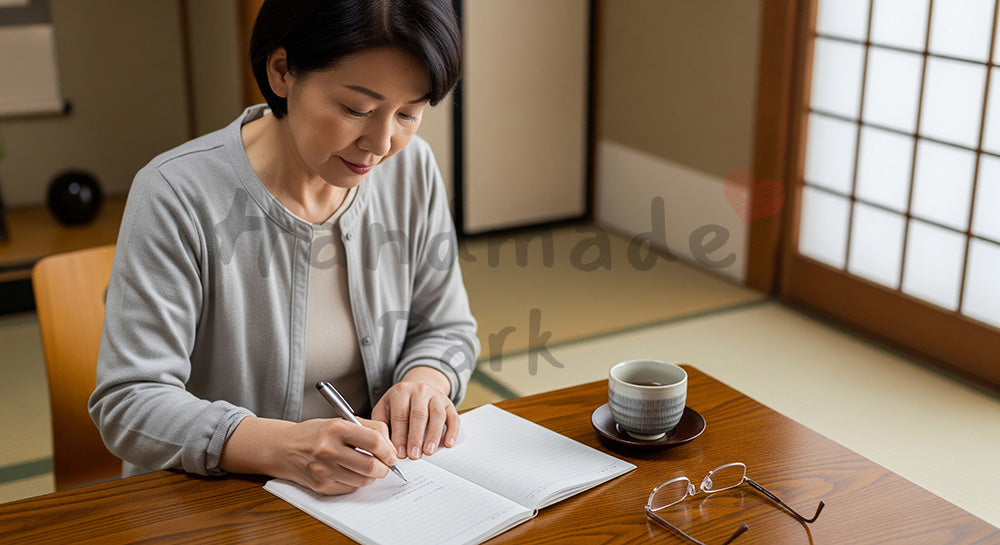 フリー素材 無料 写真|和室でエンディングノート風の無地ノートに将来の希望を書く日本人シニア女性(表現3)