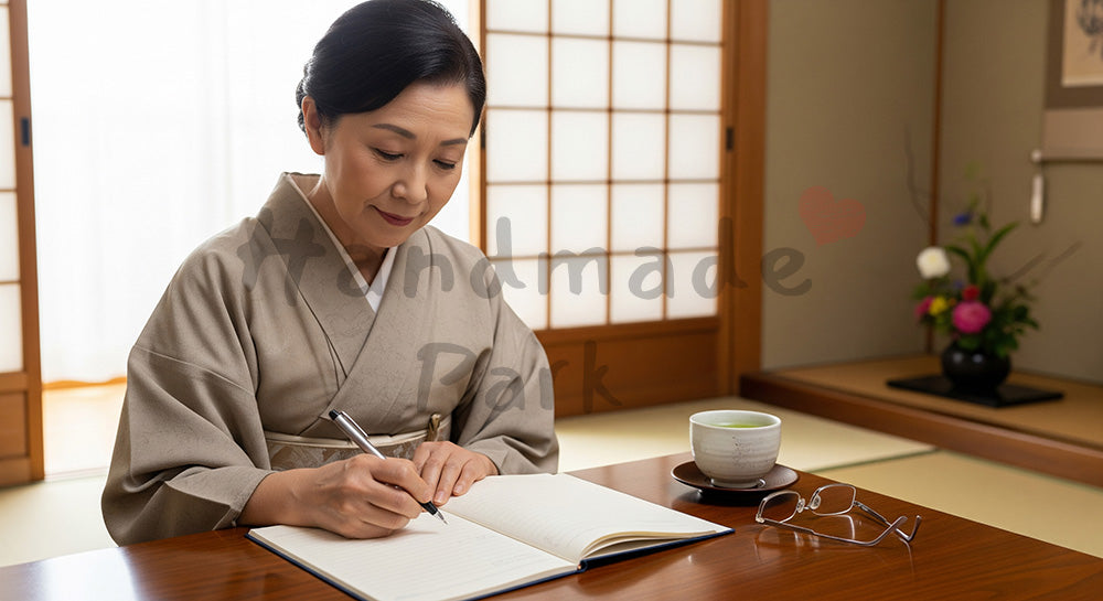 フリー素材 無料 写真|和室でエンディングノート風の無地ノートに将来の希望を書く日本人シニア女性(表現1)