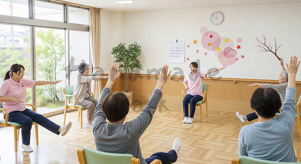 フリー素材 無料 写真｜デイサービス風のスペースで体操をする日本人シニアと介護スタッフ 背景素材