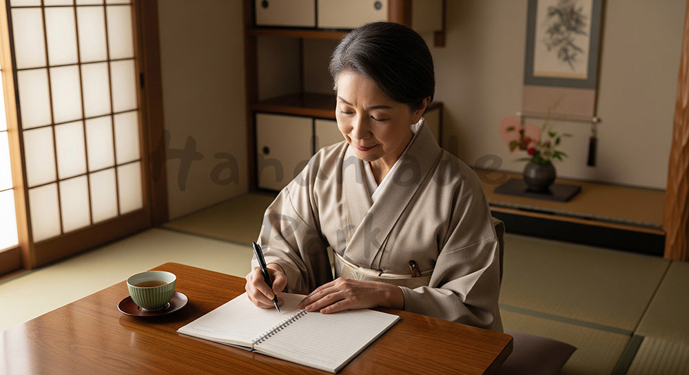 フリー素材 無料 写真|和室でエンディングノート風の無地ノートに将来の希望を書く日本人シニア女性 余白あり