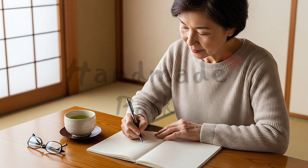 フリー素材 無料 写真|和室でエンディングノート風の無地ノートに将来の希望を書く日本人シニア女性 背景素材