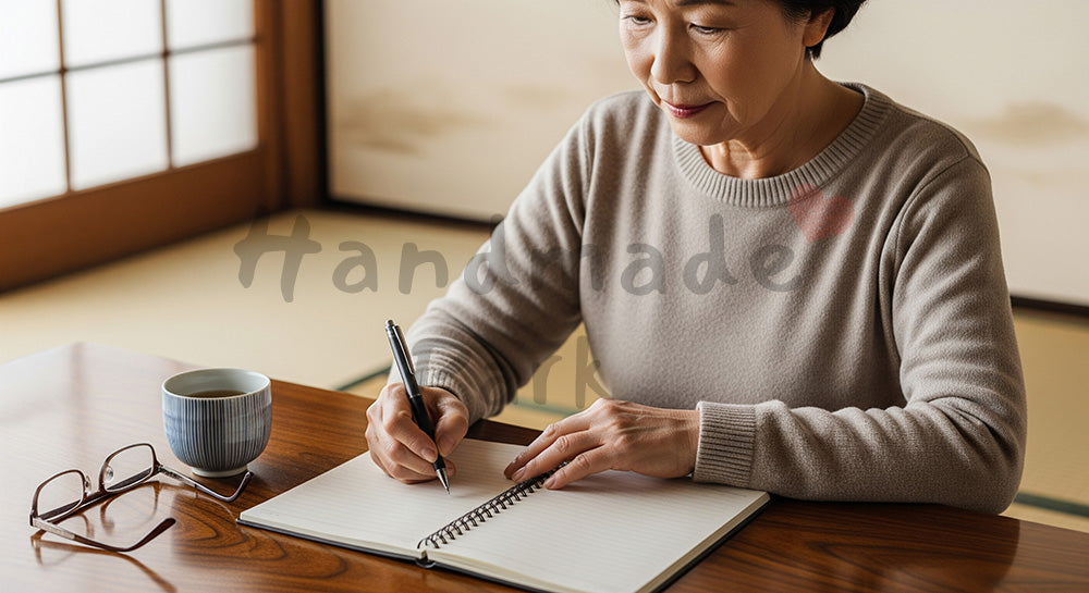 フリー素材 無料 写真|和室でエンディングノート風の無地ノートに将来の希望を書く日本人シニア女性