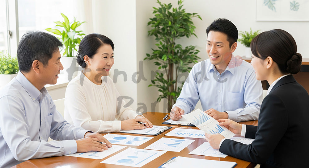 フリー素材 無料 写真|ファイナンシャルプランナー風担当者と老後資金について相談する日本人シニア夫婦 写真背景