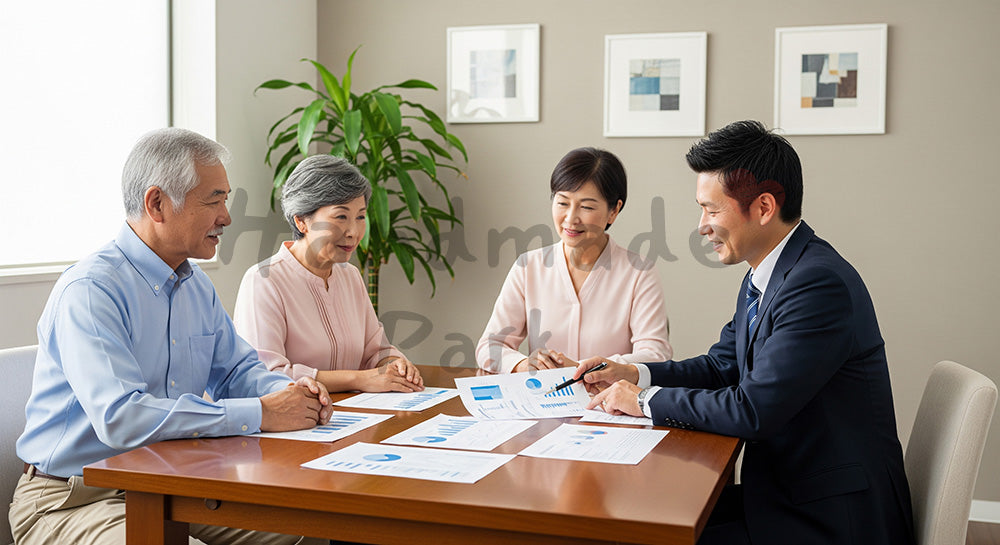 フリー素材 無料 写真|ファイナンシャルプランナー風担当者と老後資金について相談する日本人シニア夫婦