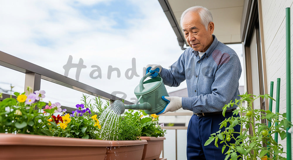 フリー素材 無料 写真|自宅の庭でプランターの花や野菜に水やりをする日本人シニア男性 写真背景