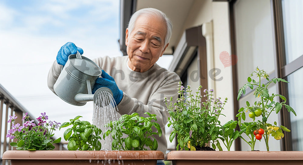 フリー素材 無料 写真|自宅の庭でプランターの花や野菜に水やりをする日本人シニア男性