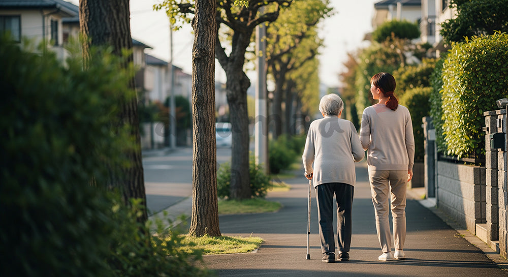 フリー素材 無料 写真｜住宅街の歩道を杖をつきながら娘世代と歩く日本人シニア女性の後ろ姿 余白あり