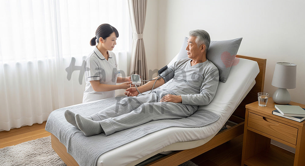 フリー素材 無料 写真｜自宅の寝室で介護スタッフ風女性が血圧測定を行う日本人シニア男性 写真背景
