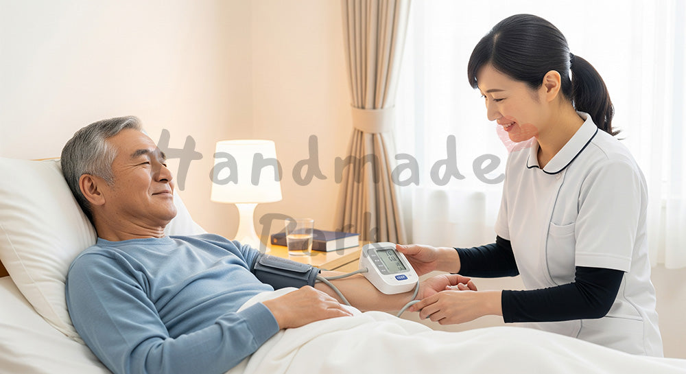 フリー素材 無料 写真｜自宅の寝室で介護スタッフ風女性が血圧測定を行う日本人シニア男性 背景素材