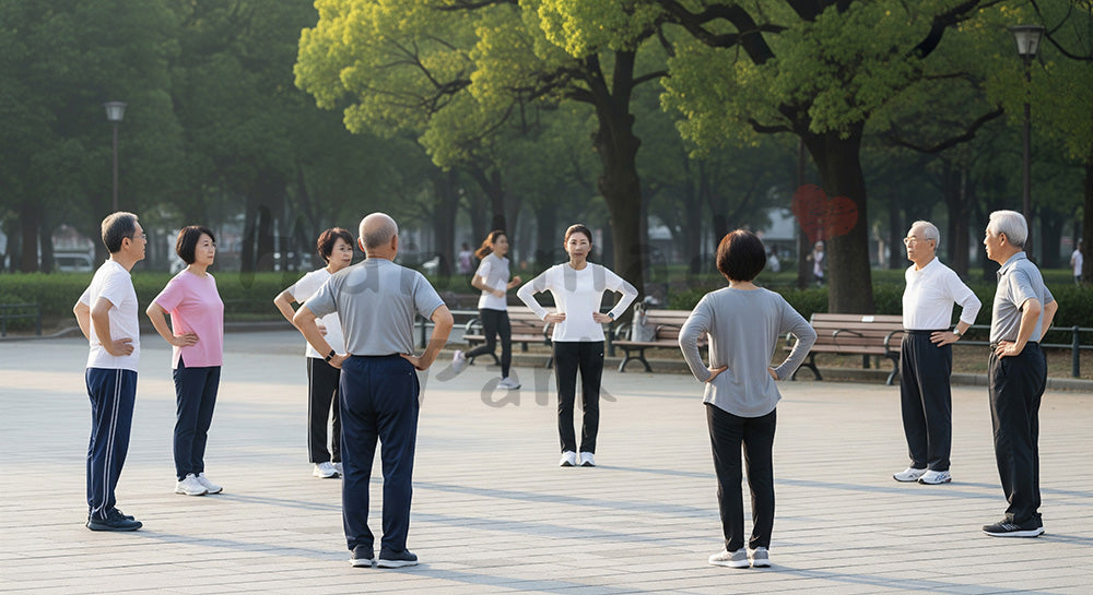 フリー素材 無料 写真｜朝の公園で仲間とラジオ体操をする日本人シニアグループ