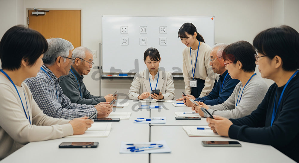 フリー素材 無料 写真｜スマホ教室で講師から操作を学ぶ日本人シニアたち 余白あり