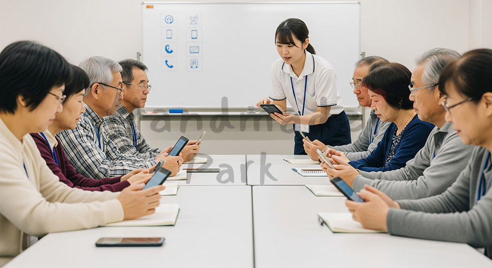 フリー素材 無料 写真｜スマホ教室で講師から操作を学ぶ日本人シニアたち 写真背景