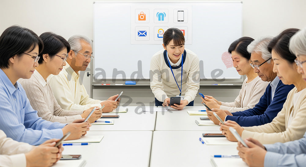 フリー素材 無料 写真｜スマホ教室で講師から操作を学ぶ日本人シニアたち 背景素材