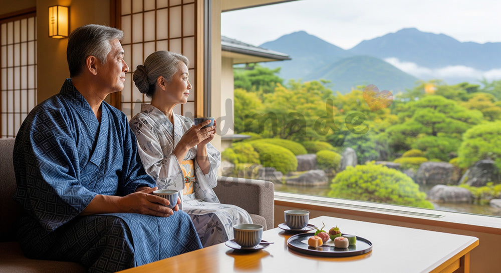 フリー素材 無料 写真｜温泉旅館のラウンジで浴衣姿でくつろぐ日本人シニア夫婦 背景素材