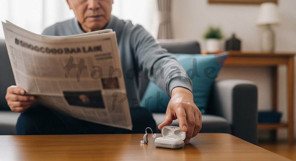フリー素材 無料 写真｜補聴器ケースを手に取りながら新聞を読む日本人シニア男性のリビングシーン 余白あり
