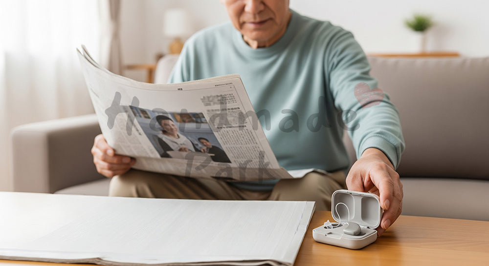 フリー素材 無料 写真｜補聴器ケースを手に取りながら新聞を読む日本人シニア男性のリビングシーン 写真背景