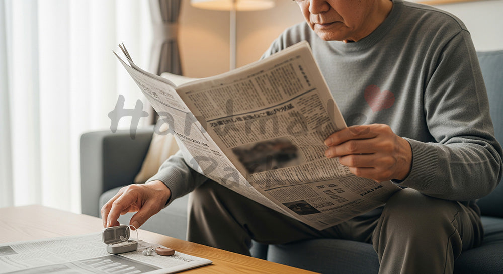 フリー素材 無料 写真｜補聴器ケースを手に取りながら新聞を読む日本人シニア男性のリビングシーン 背景素材