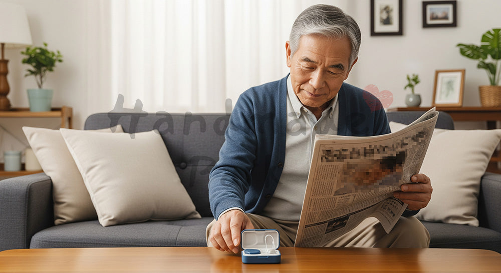 フリー素材 無料 写真｜補聴器ケースを手に取りながら新聞を読む日本人シニア男性のリビングシーン