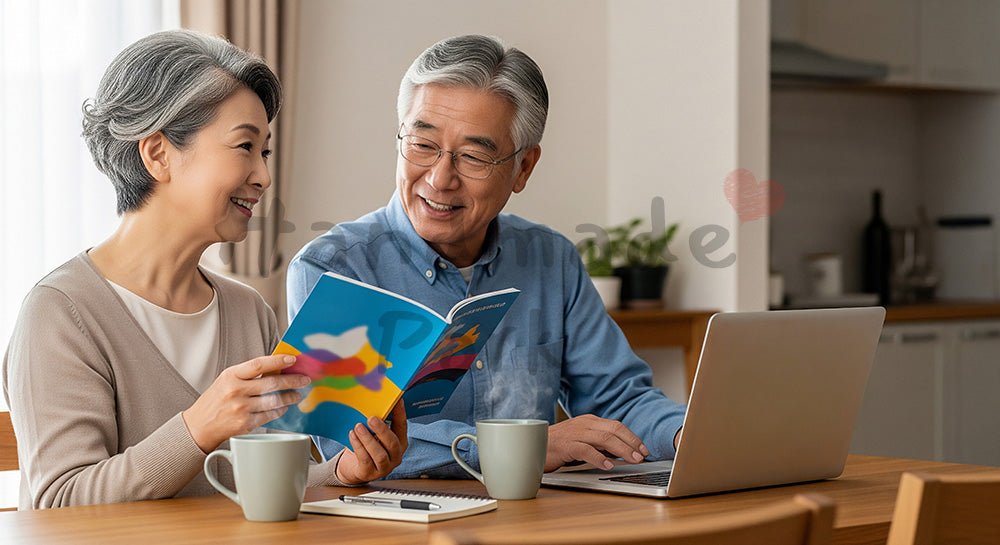 フリー素材 無料 写真｜ノートPCとパンフレット風冊子でシニア夫婦が次の旅行計画を立てるシーン 余白あり