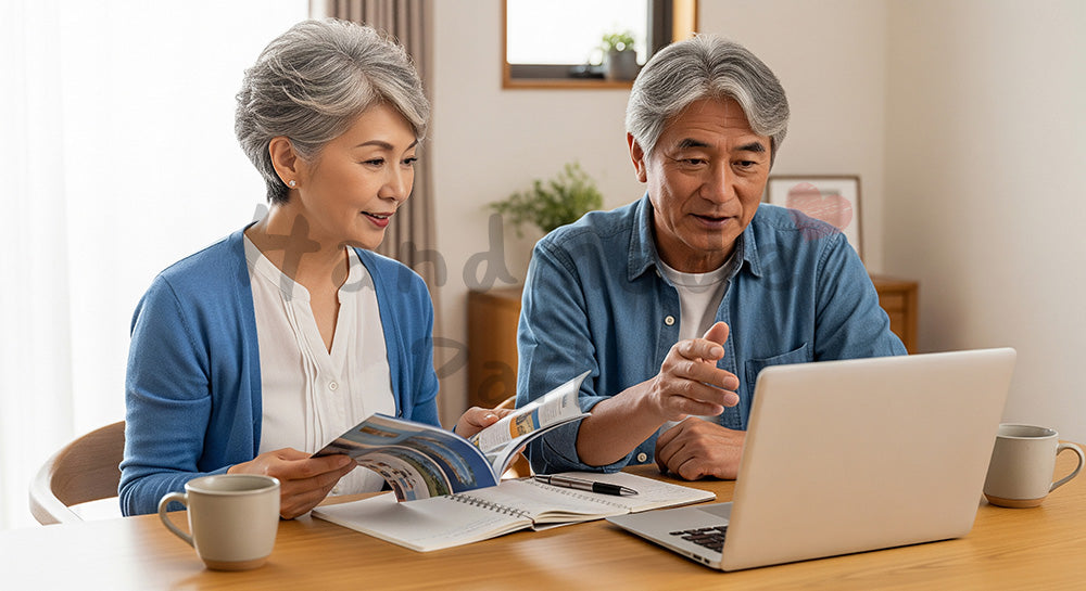 フリー素材 無料 写真｜ノートPCとパンフレット風冊子でシニア夫婦が次の旅行計画を立てるシーン