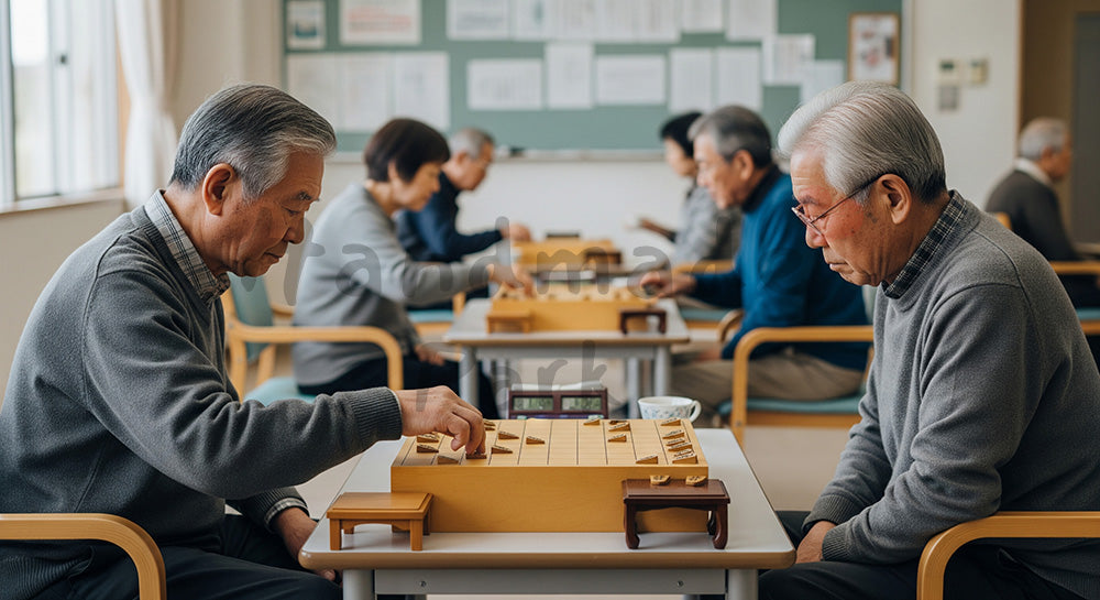 フリー素材 無料 写真｜地域交流スペースで将棋を指す日本人シニア男性たち（表現1）