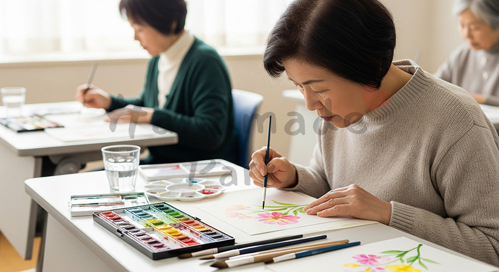フリー素材 無料 写真｜水彩画教室で花の絵を描く日本人シニア女性のカルチャースクールシーン 写真背景