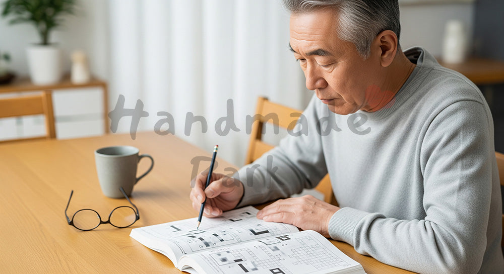 フリー素材 無料 写真｜数字パズル風の脳トレ問題集に取り組む日本人シニア男性 余白あり