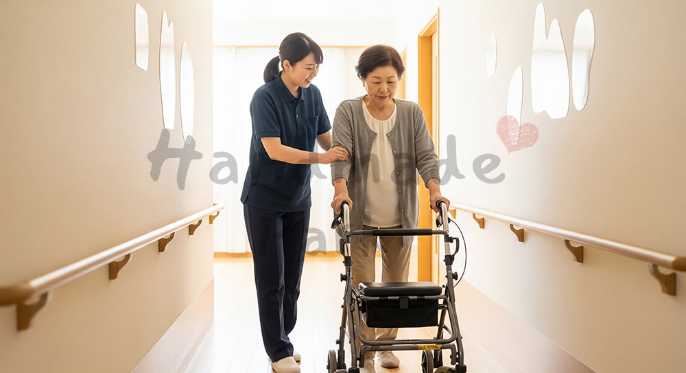 フリー素材 無料 写真｜歩行器と手すりを使って廊下で歩行練習をする日本人シニア女性と介護スタッフ風女性 写真背景