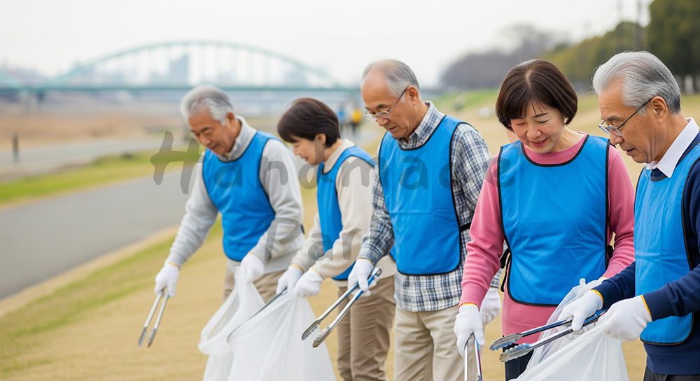 フリー素材 無料 写真｜河川敷で無地ビブスを着てごみ拾いボランティアをする日本人シニアたち 余白あり
