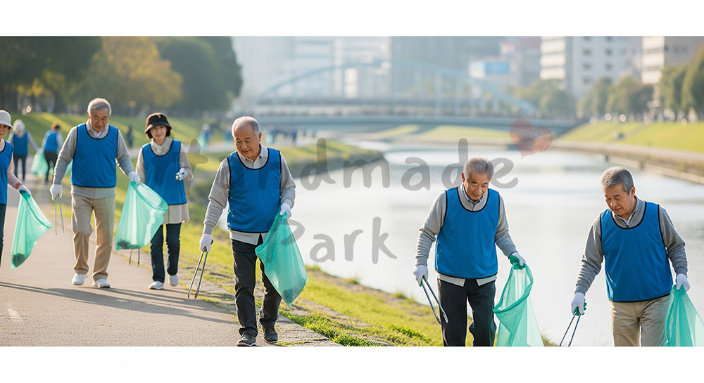 フリー素材 無料 写真｜河川敷で無地ビブスを着てごみ拾いボランティアをする日本人シニアたち 背景素材