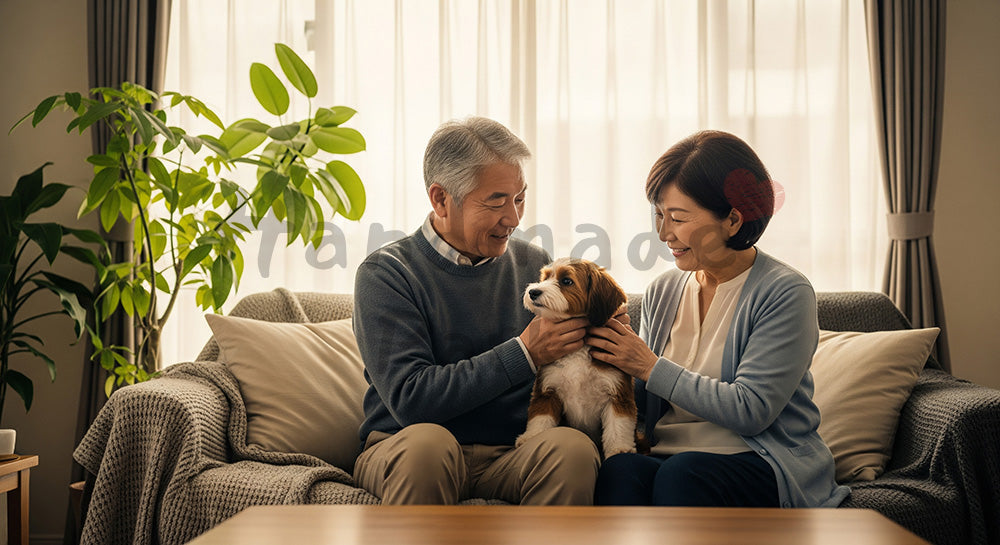 フリー素材 無料 写真｜小型犬と一緒にソファでくつろぐ日本人シニア夫婦のペットとの暮らし 余白あり