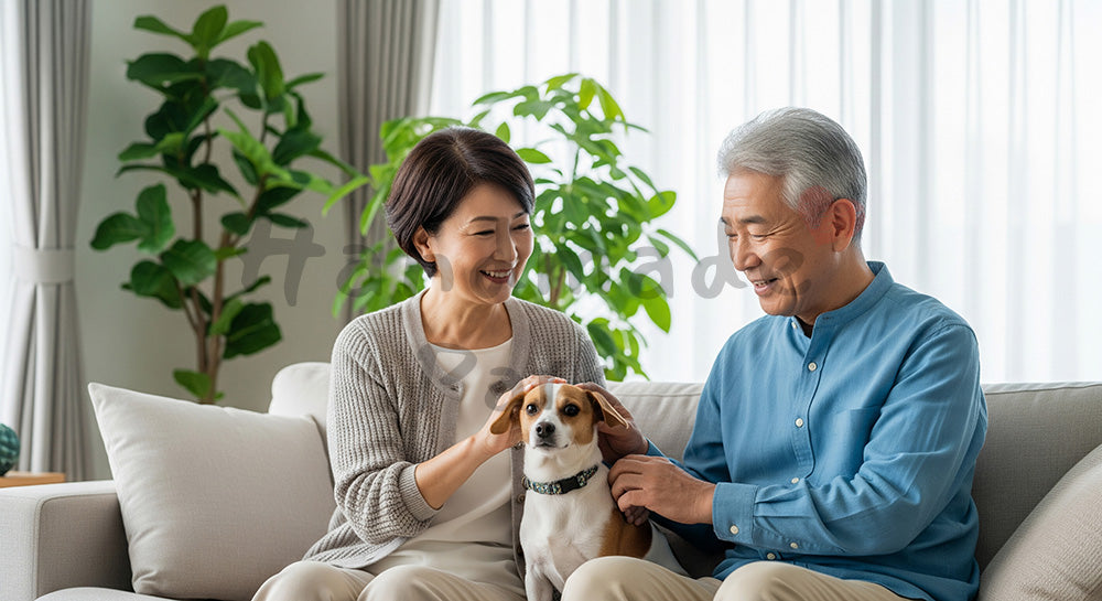 フリー素材 無料 写真｜小型犬と一緒にソファでくつろぐ日本人シニア夫婦のペットとの暮らし