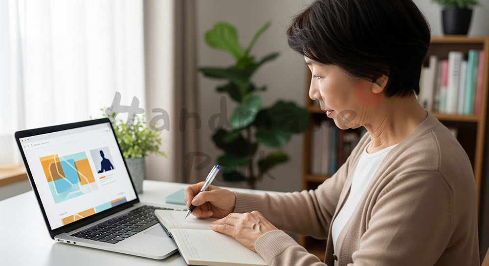 フリー素材 無料 写真｜ノートPCでオンライン講座を受講しメモを取る日本人シニア女性 余白あり